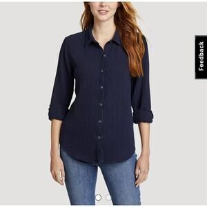 Woman's Eddie Bauer Travel‎ Seeker Long Sleeve Shirt Navy 2XL Sheer Classic Fit